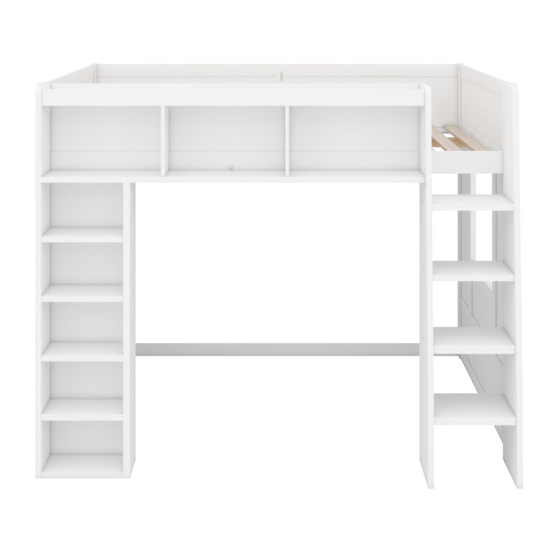 Lit mezzanine en bois avec armoires de rangement et tablettes, Blanc