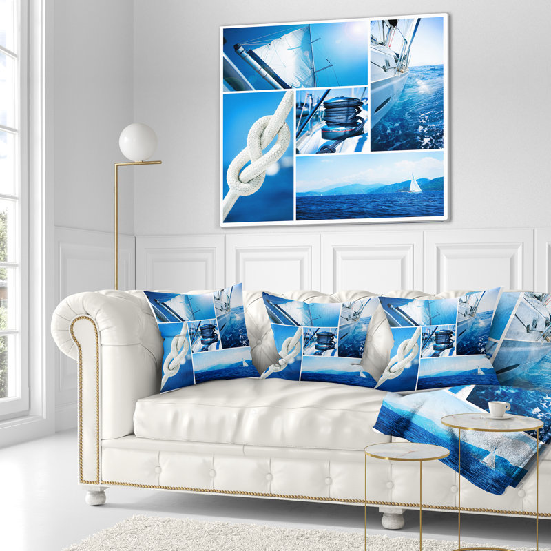 Voilier dans un collage de mer bleue - coussin imprimé Sea & Shore, 18 po x 18 po, Coussin décoratif