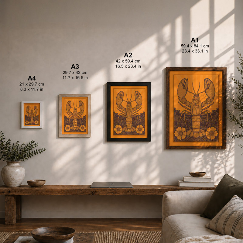 Lobster with Flowers Boho - Framed Print, Walnut, A1 - 84.1 x 59.4 cm