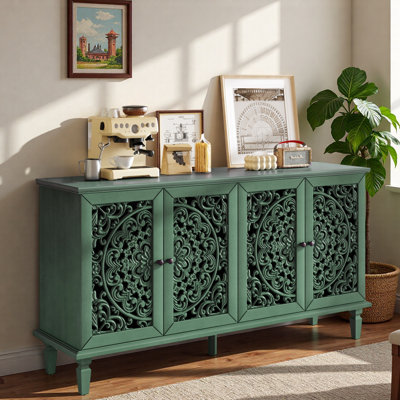 Floral Openwork Carvings Sideboard Cabinet With Adjustable Shelves, Brass Handles And Wood Legs