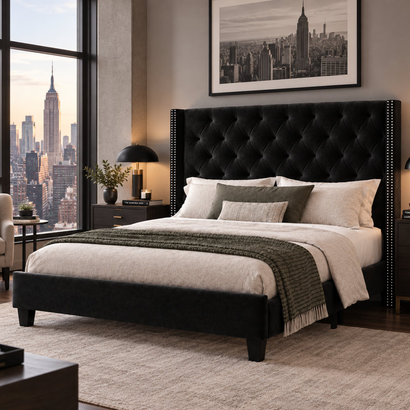 Meriton Wingback Upholstered , Metal frame, No Box Spring, Plywood Slats, Black, Queen