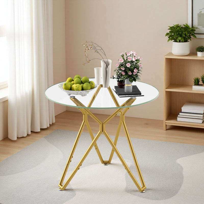 35.4-Inch Round Tempered Glass Dining Table, Suitable For 1-4 People, Space-Saving Small Kitchen Dining Table, Equipped With Sturdy Metal Table Legs