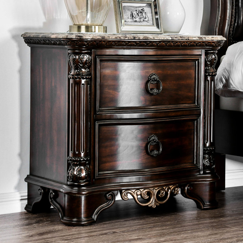 Table de chevet en marbre véritable à 2 tiroirs, cerisier brun - table de chevet Fortitude avec ouvertures et housse Solidity