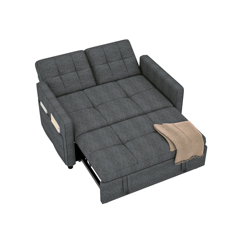 55" W Tufted Convertible Sofa Bed With Reclining Backrest & Side Pocket, Gray