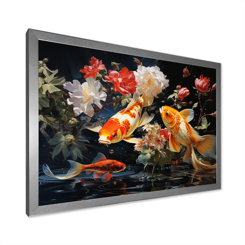 Japon jaune et rouge doré Koi I sur toile, H 12 po x l 20 po x P 1 po, Cadre simple argenté