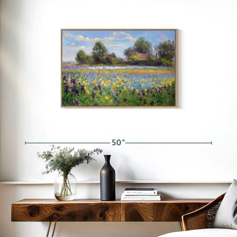 Farmstead And Iris Field, Floating Frame Natural Wood, 31" X 21"