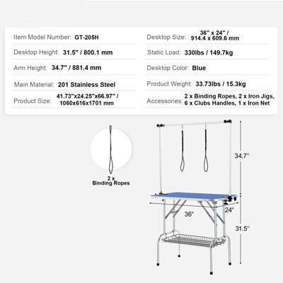 Pet Grooming Table Two Arms with Clamp, 36''x24'' Dog Grooming Station, Bearing 330lbs, Foldable Pets Grooming Stand for Medium and Small Dogs, Free No Sit Haunch Holder with Grooming Loop