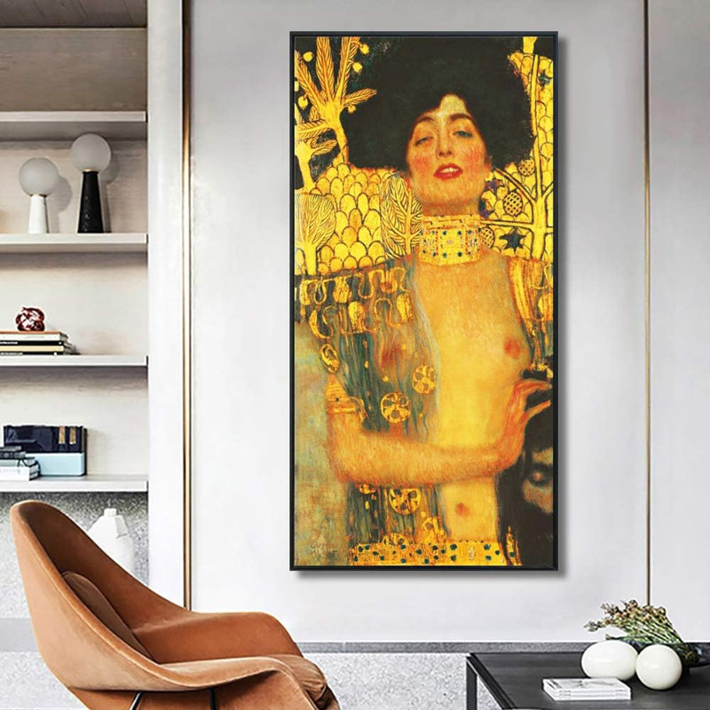 Art numérique, impression numérique sur toile encadrée, par Judith, par Gustav Klimt, décorations de bureau à domicile (cadre mince noir, 24 po x 48 po)