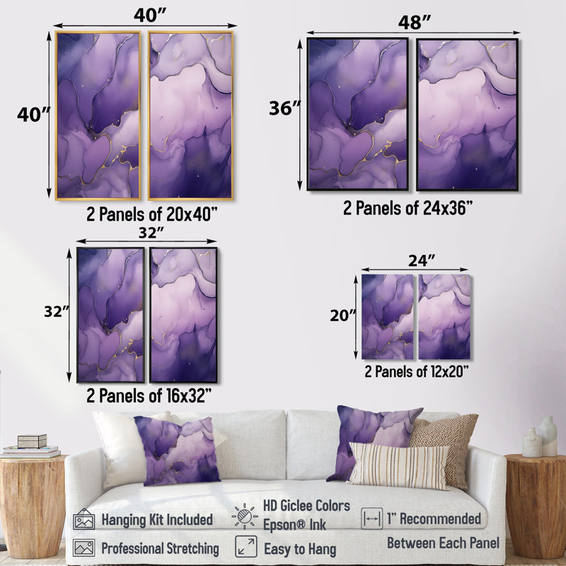 Nuage d'encre mauve et mauve pourpre - 2 panneaux muraux mauves, Noir, H 36 po x l 48 po, Impression encadrée flottante
