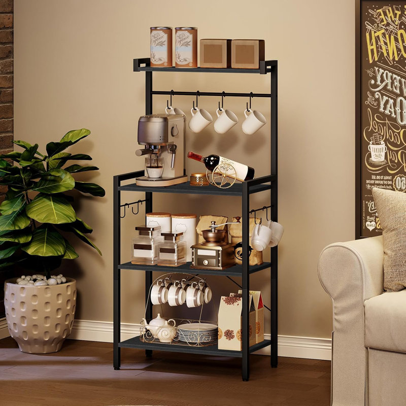 4-Tier Bakers Rack With Storage, Multifunctional Kitchen Shelf For Microwave Stand, Coffee Bar Station, And Small Space Organization With 8 S-Hooks