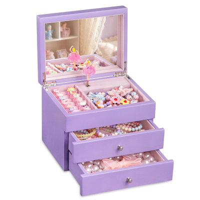 Boîte à bijoux musicale en bois pour filles, organisateur de rangement à 3 tiroirs avec ballerine rotative et miroir intégré, boîte à bijoux pour enfants pour accessoires pour cheveux, bracelets, anneaux, cadeau de Noël, mauve