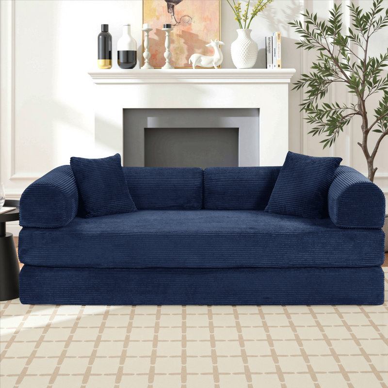 Boneless 80.7" Corduroy Sleeper Sofa Modular Sofa Bed Compression Foam Couch Bed With 2 Pillows - No Assembly Required, Blue