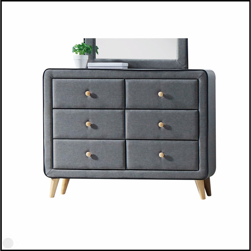 Commode en tissu gris clair Valda avec six tiroirs spacieux et un design moderne pour les chambres contemporaines