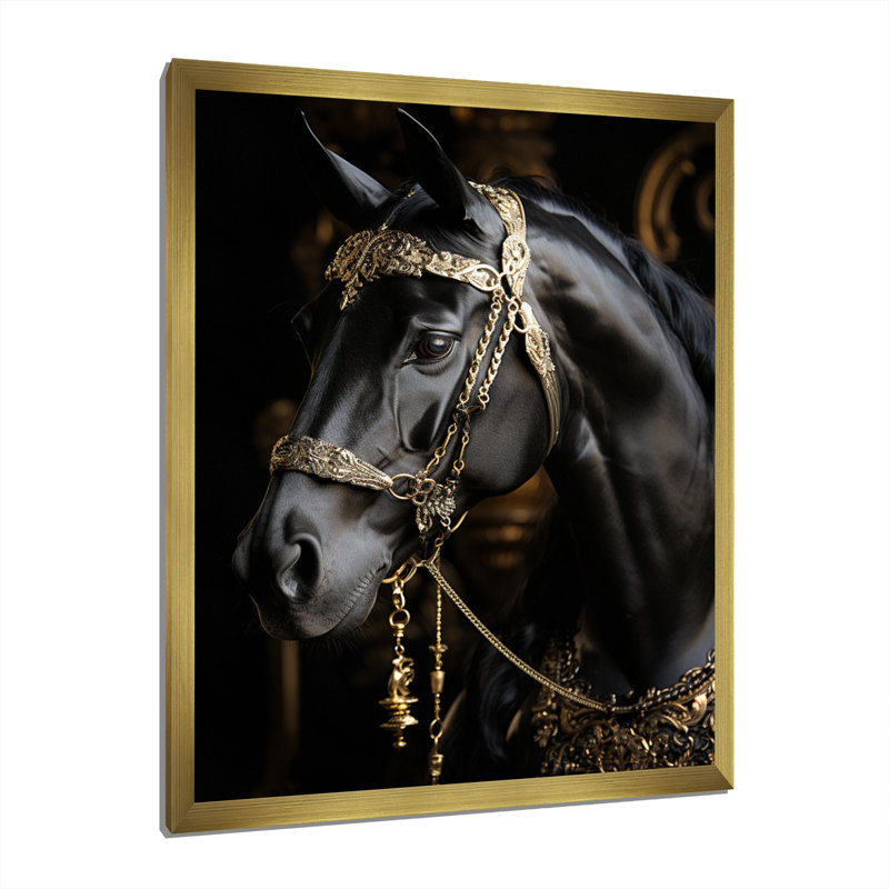 «Black Gold Horse», reproduction sur toile, Encadrement doré, H 32 po x l 16 po x P 1 po