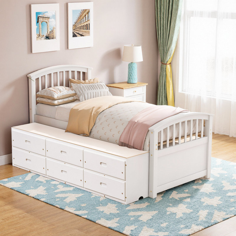 Lit plateforme avec rangement simple en pin massif blanc avec 6 tiroirs sous le lit, Blanc