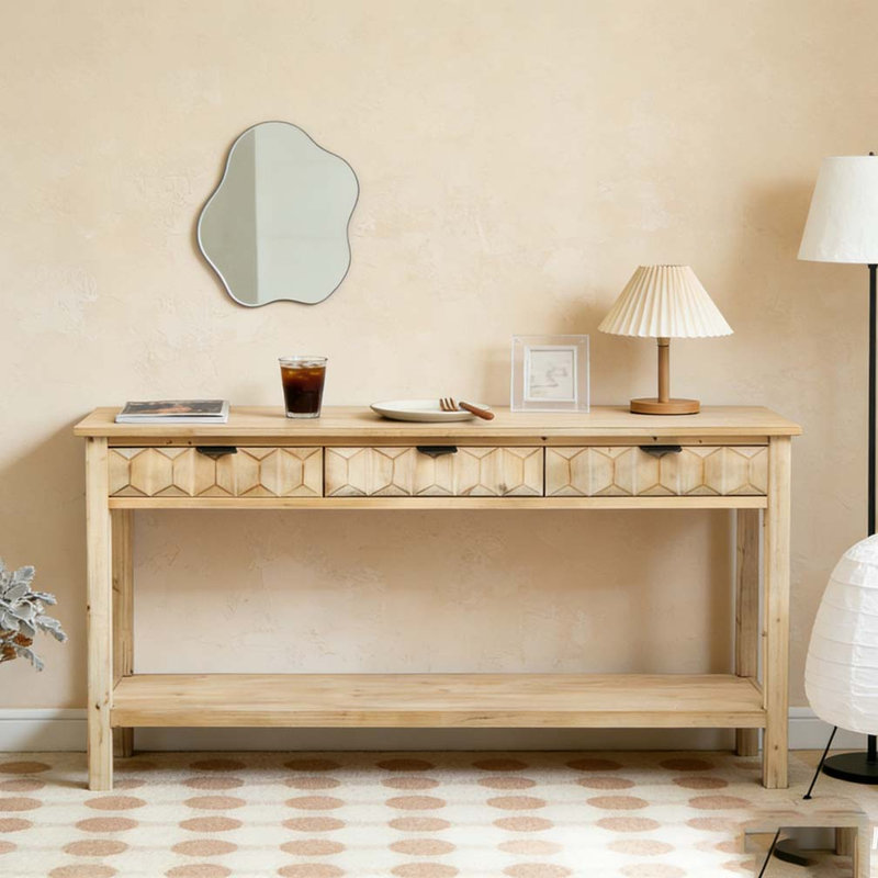 60'' Fir Veneer Entryway Table with Honeycomb-patterned Fronts,Modern Stylish Console Table, Natural
