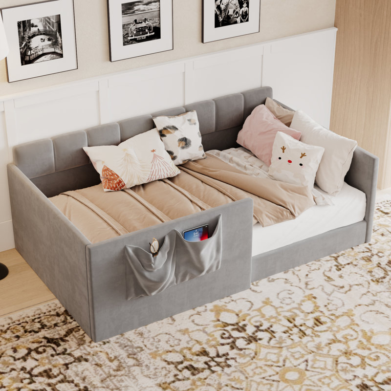 Twin Size Daybed Velvet Upholstered Sofa Bed with High Side Panels and Side Entrance, Space-Saving Guest Bed with Storage Pockets