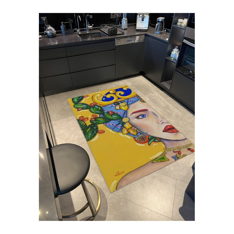 Yellow Tones Face Themed Pattern Washable Rug, Runner 3'3" x 9'10" Rug Pad Included