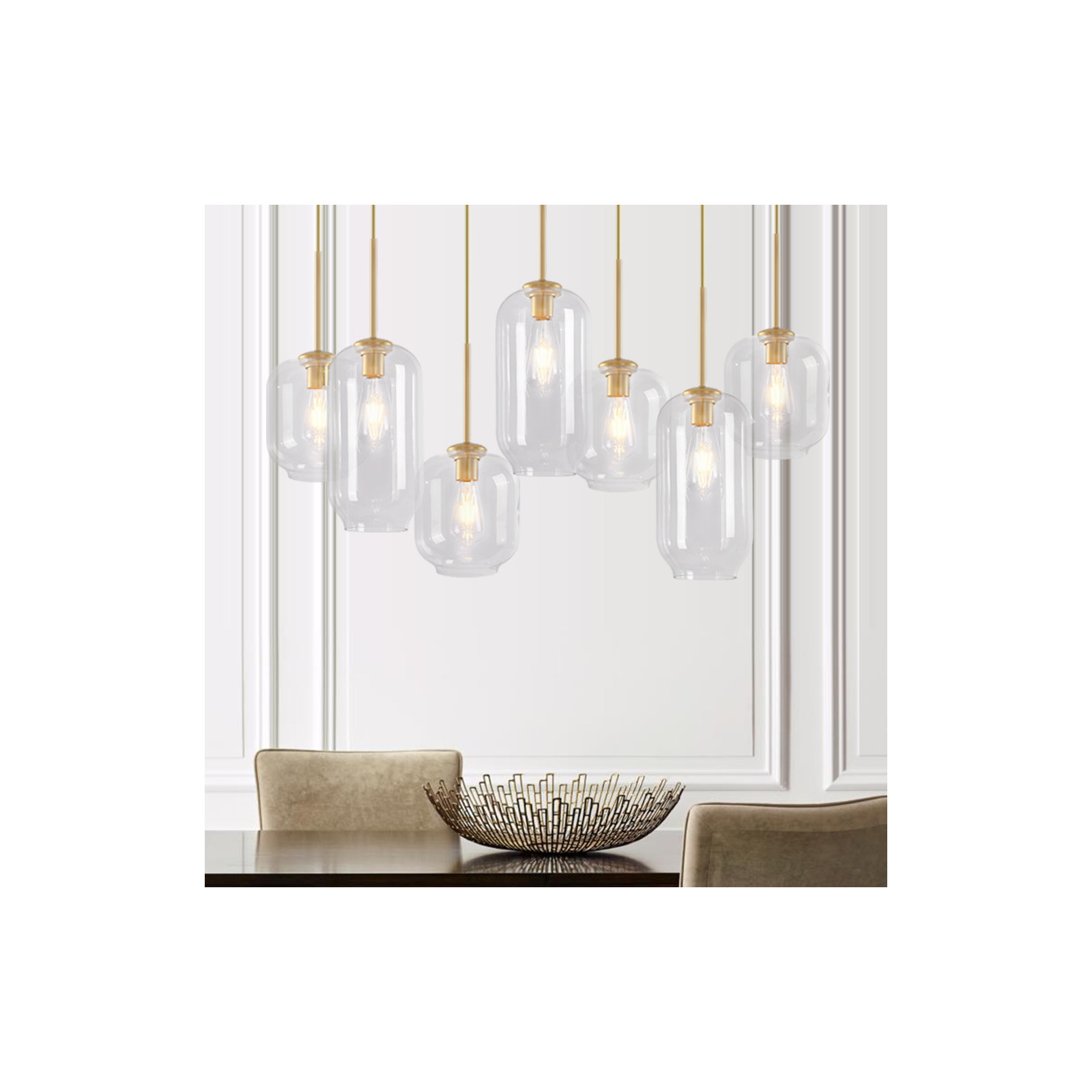Kayanne 7 - Light Glass Shades Kitchen Island Geometric Pendant, Brass