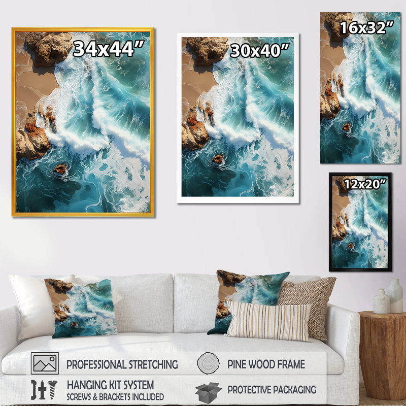 Coral Dreams Coastal Aériel Views IV - Beach, art mural, Cadre flottant blanc, H 32 po x l 24 po x P 1 po