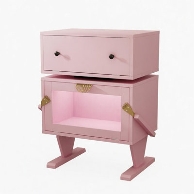 Pink Robot LED Nightstand, 20.7"x15"x27", 360° Rotating Drawer & Glass Door Cabinet, P2 MDF Modern End Table for Bedroom