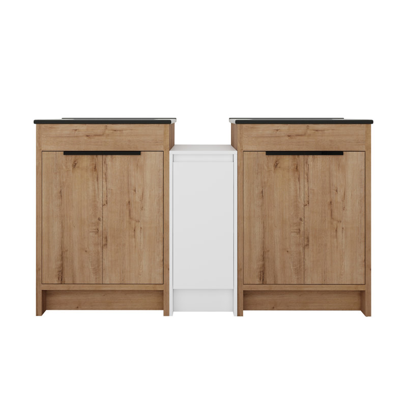 Ensemble de meuble-lavabo double moderne: lavabo en céramique noire, unités de rangement doubles et système de porte à fermeture en douceur