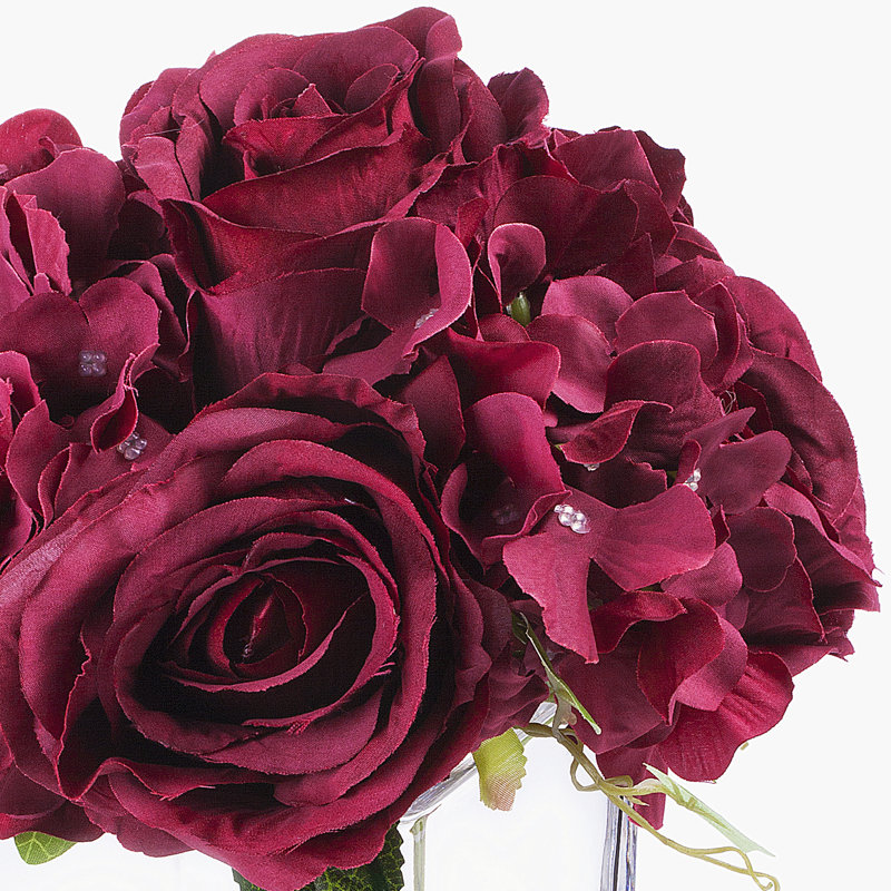 Burgundy Silk Hydrangea and Rose Arrangement in White Glass Vase