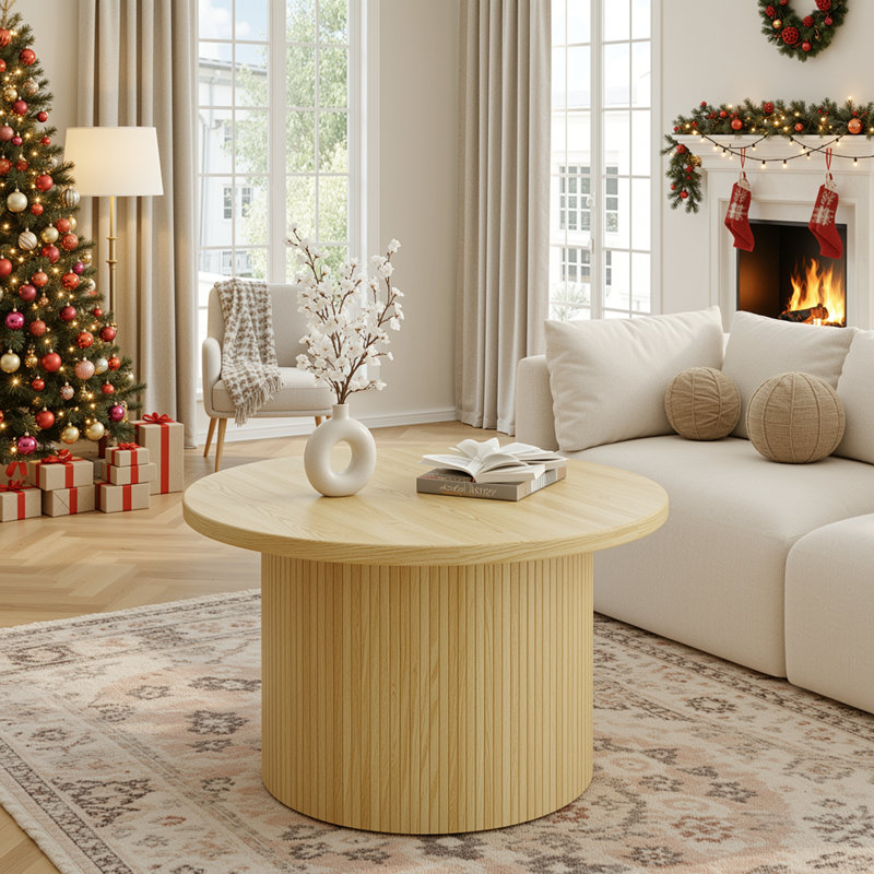31.5" Round Coffee Table with Solid Wood Base, Oak