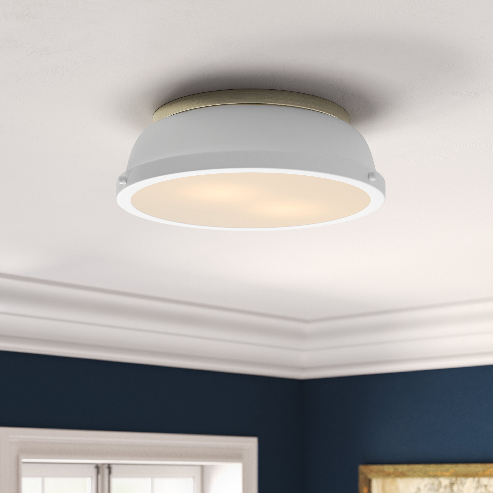 Calico 2 Light Steel Flush Mount, Matte White, Aged Brass