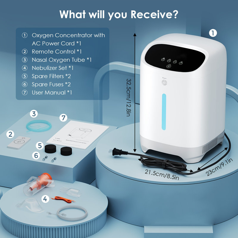 1-7L concentrateur d'oxygène réglable, générateur d'oxygène portatif 33-93% de haute pureté, machine d'oxygène domestique à faible bruit avec accessoires complets