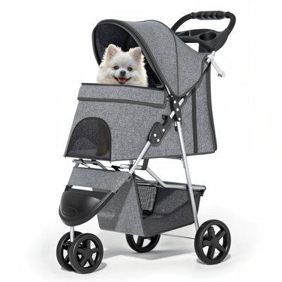 Foldable Pet Stroller, 3 Wheels Folding Carrier Jogger Stroller for Dogs Cats with Canopy and DIY Stickers