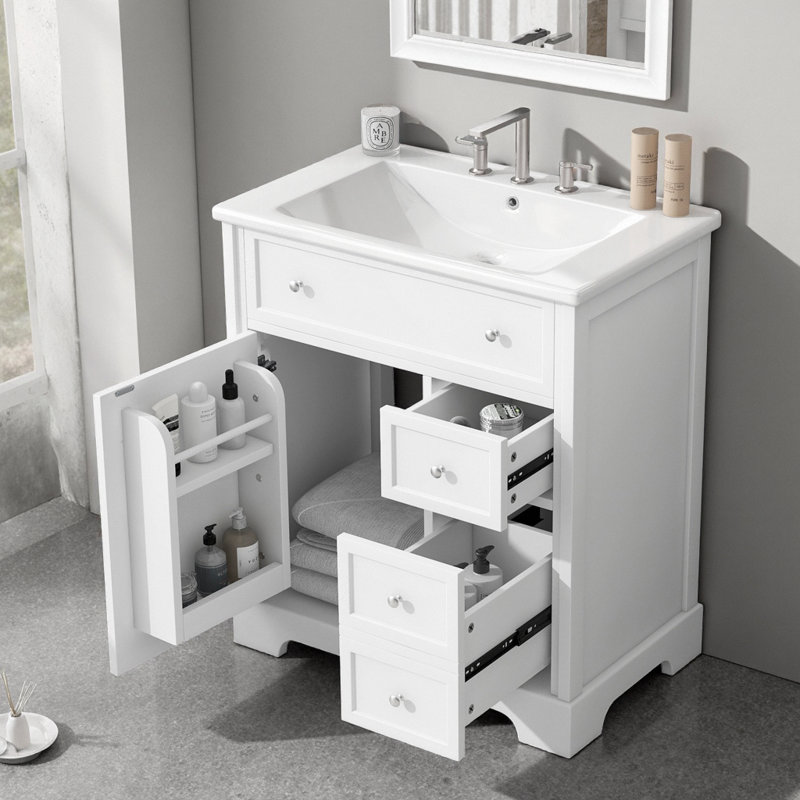Meuble-lavabo moderne 30 po avec lavabo en céramique, armoire en bois massif et deux tiroirs