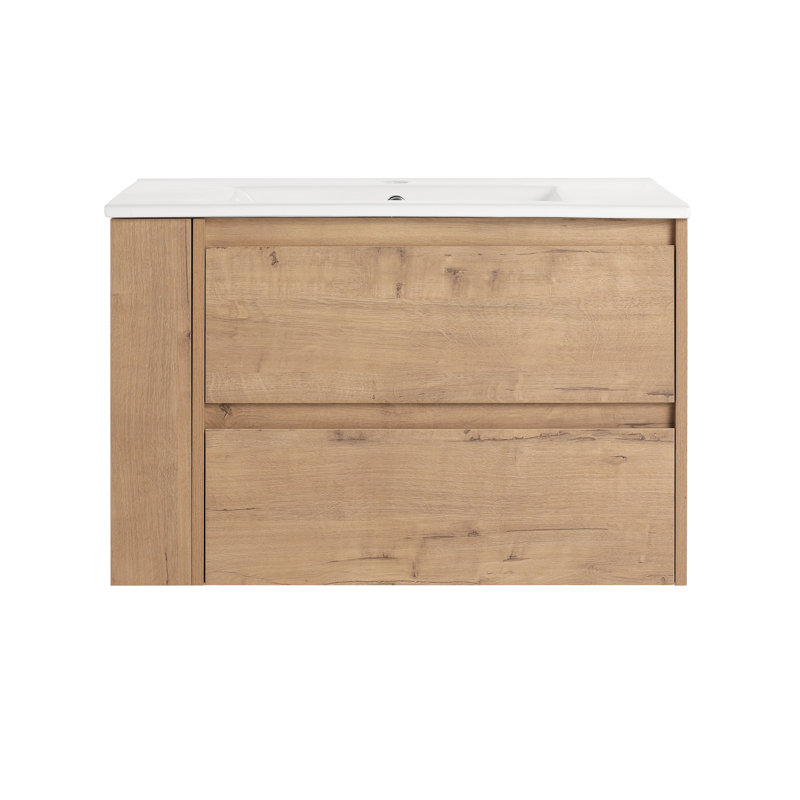 Ensemble de meuble-lavabo mural simple avec tablette et deux tiroirs 30 po Serenita, finition bois moderne, Imitation chêne