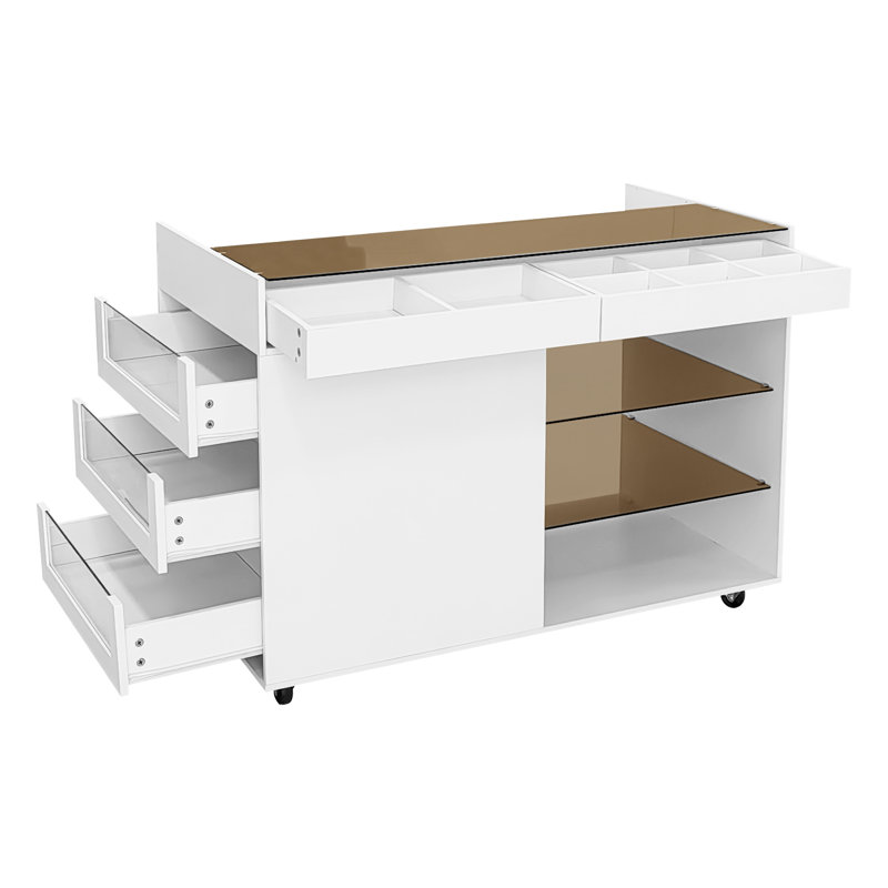  Multi-Functional Storage Island Vanity Console with Glass Display Shelves and Reversible Top, White