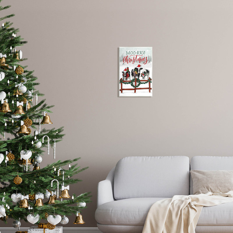 «Moo-Rry Christmas Holiday Snowy Cows» par Caverly Smith - impression sans cadre sur panneau de fibres à densité moyenne