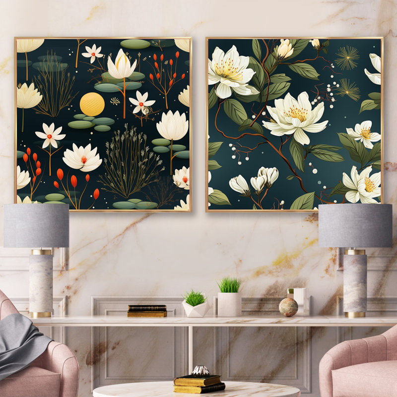 Sherree - Ensemble de 2 collages carrés floraux, Cadre flottant doré, H 30 po x l 61 po