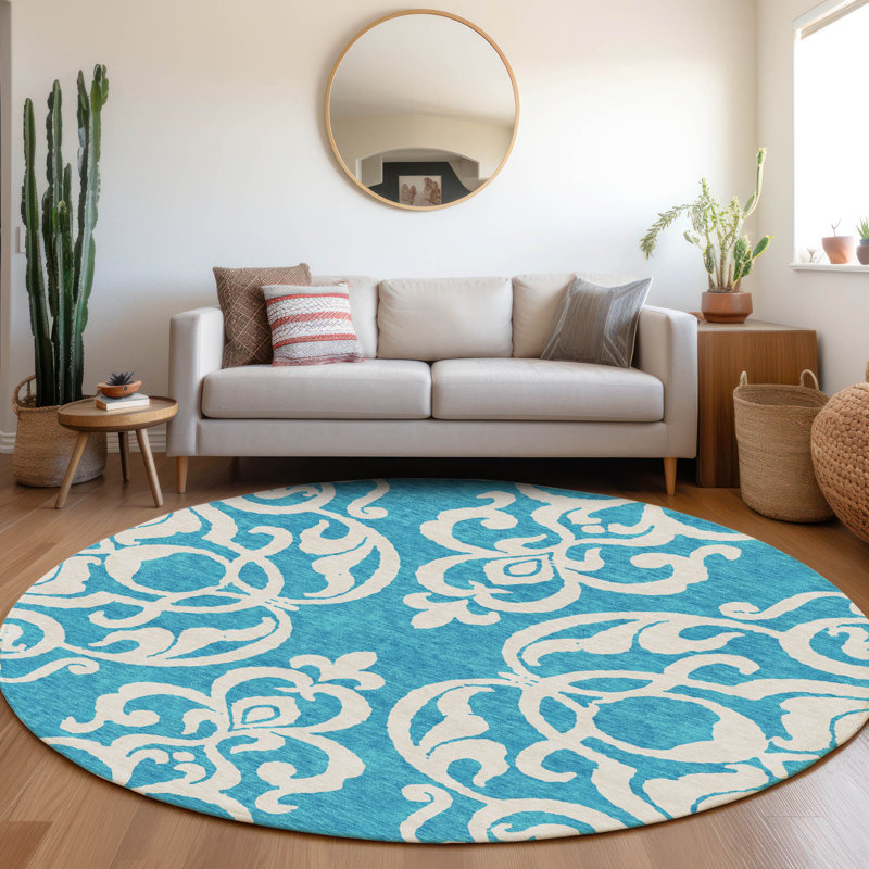 Premium Machine Washable Prisco Turquoise Rug, Round 8'