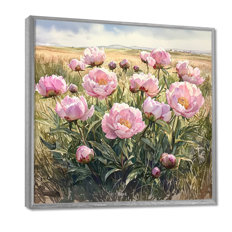 Pivoines par le champ de cultures II - pivoines, art mural, Impression encadrée flottante, Argent argent, H 16 po x l 16 po