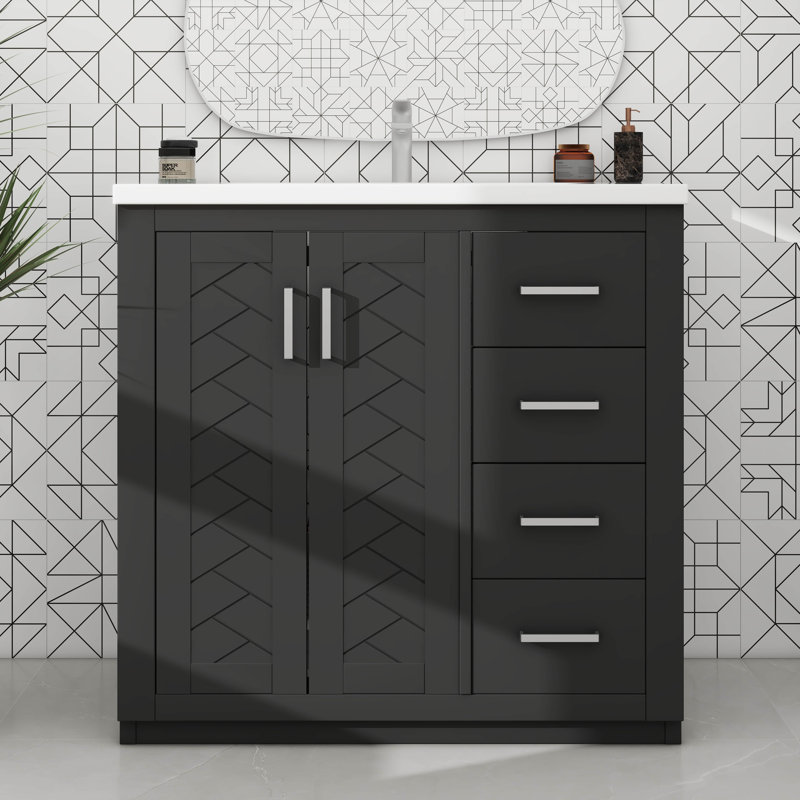 Ensemble de meuble-lavabo indépendant 36 po avec 3 tiroirs de rangement, Black, Argent argent