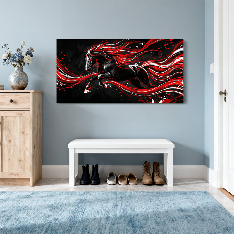 Animaux, cheval noir avec crinière rouge et blanche, H 20 po x l 40 po