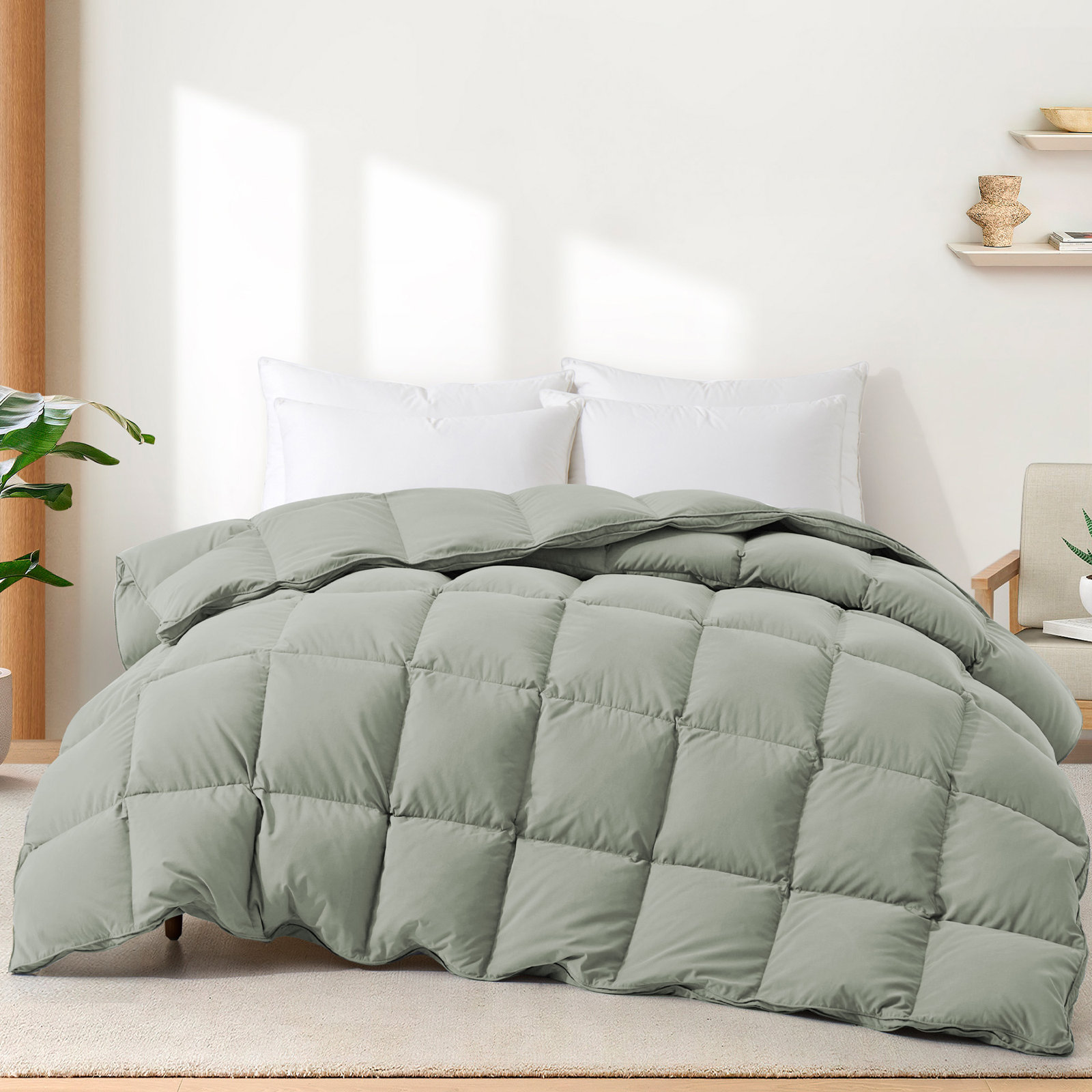 600 Fill Power All Season Down Comforter/Duvet Insert, Queen Down Comforter, Sage Green