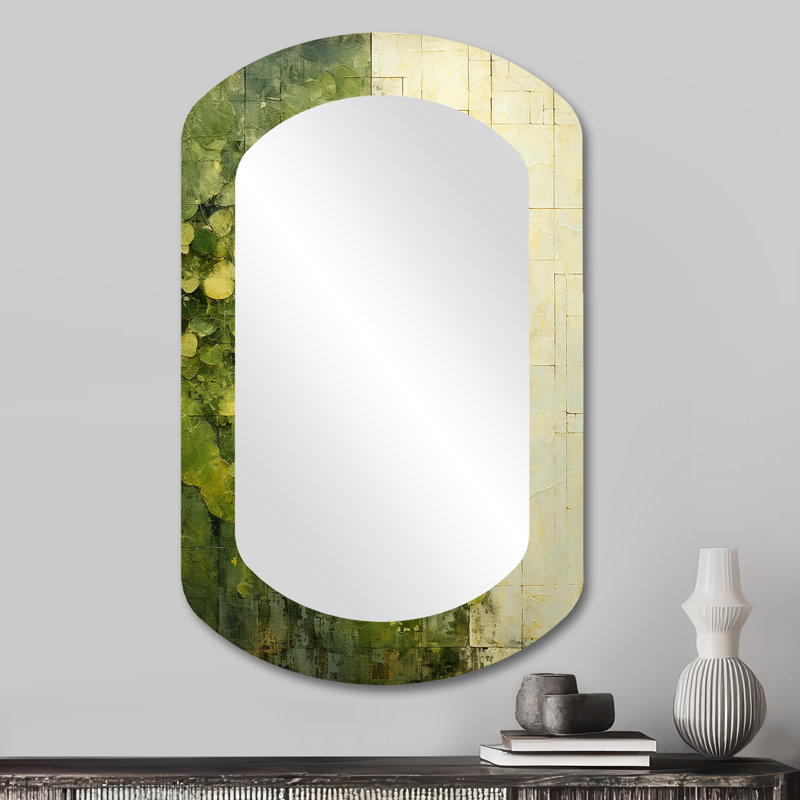 Maysonet Green Eco Friendly plants Symphony I - Botanicals Cylinder Large Wall Mirror, Green Asymmetrical Decorative Mirror, Printed Metal Art