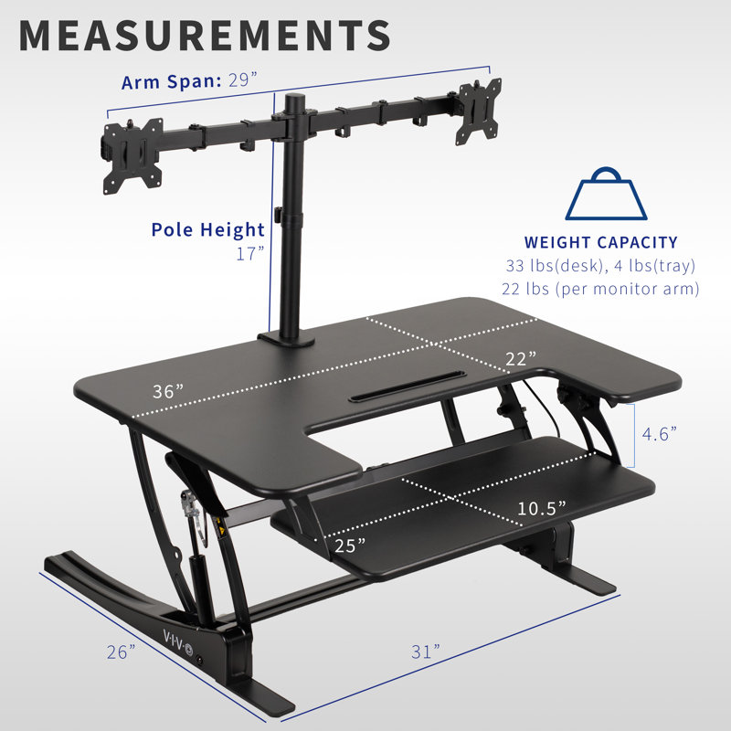 Black Adjustable Standing Desk Converter with Dual Monitor Mount