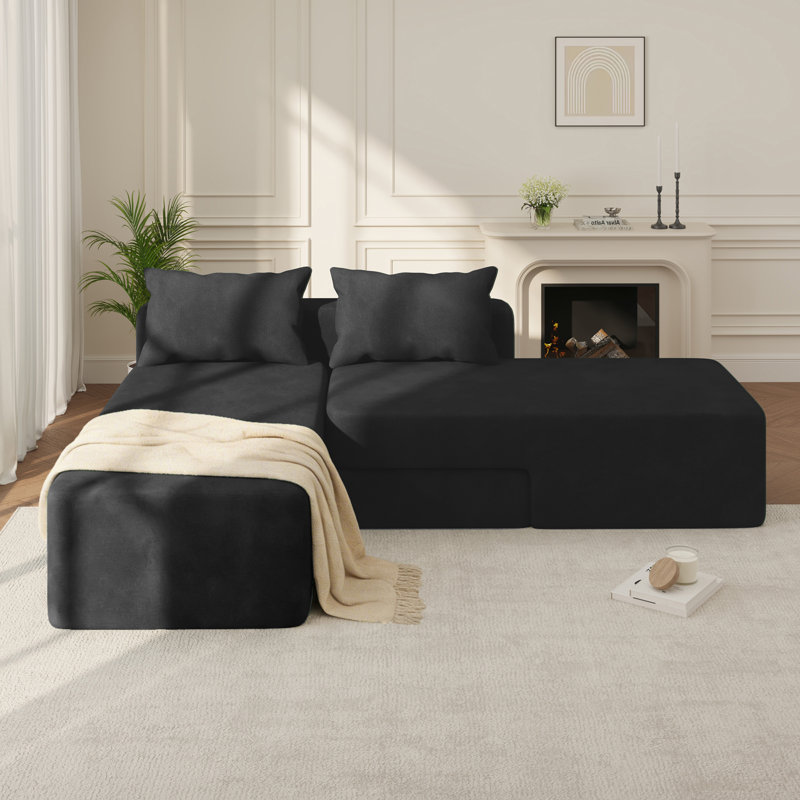 Canapé convertible désossé, canapé modulaire flexible 4-en-1 avec méridienne réglable et assise profonde, conception modulaire rembourrée pour le salon, comprend 2 coussins, aucun assemblage requis, noir