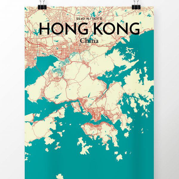 « hong kong city map », reproduction d’impression sur affiche en tricolore, H 27,6 po x l 19,7 po