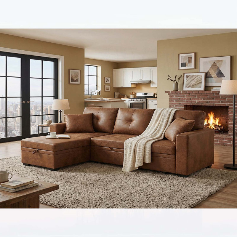 Convertible L-Shaped Sectional Sofa with Pull-Out Bed, Reversible Chaise, and Hidden Storage for Small Spaces, Light Brown Fabric