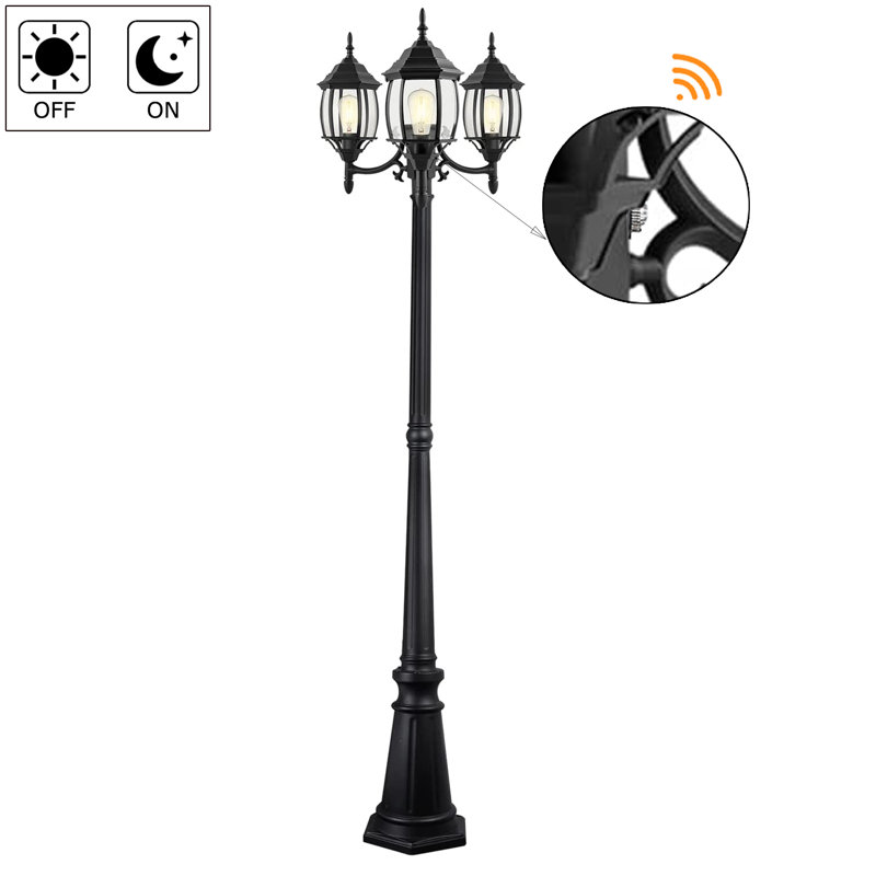 3-Light 85.43"in Matte Black Outdoor Post Light with Dusk to Dawn