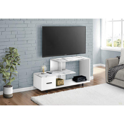 Meuble télé, console de 48 po, meuble multimédia, tiroir de rangement, salon, stratifié aspect chambre à coucher en marbre, contemporain, moderne
