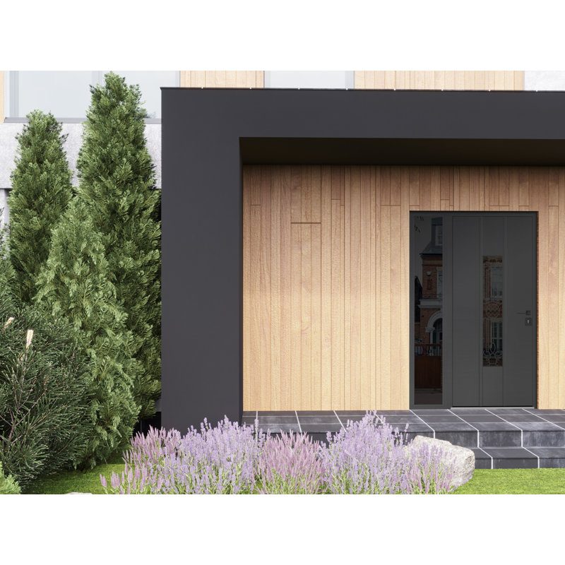Front Exterior Prehung Steel Door Ronex 1477 Black Enamel Side Exterior Window Sidelite Stainless Inserts Entry Metal Modern Painted W36+16 x H80 Right hand Inswing