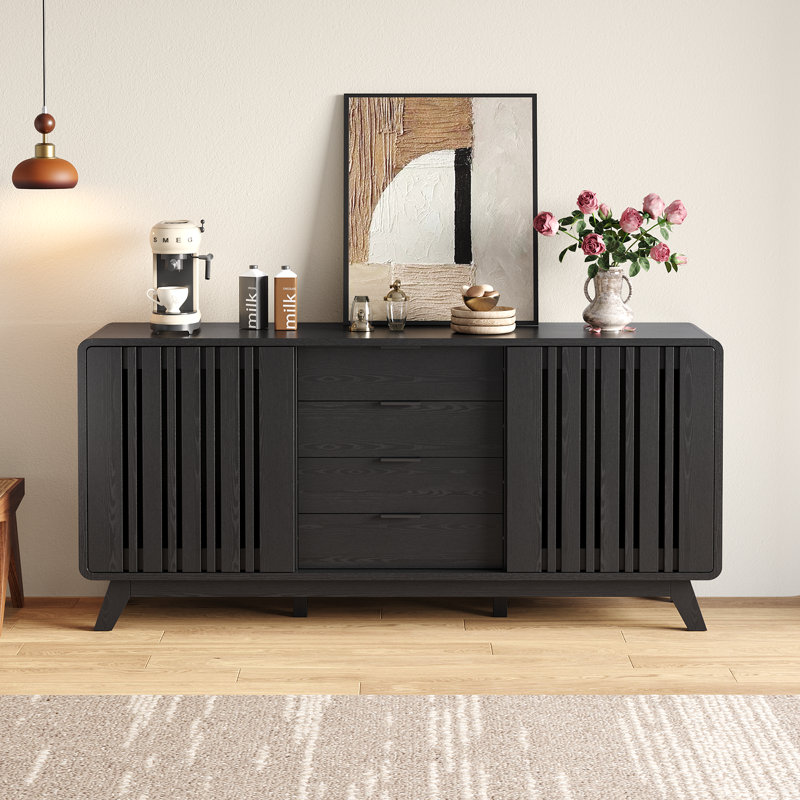 61.4'' Sideboard Buffet Cabinet With Storage, Fluted Buffet Cabinet With Sliding Doors & 4 Drawers, Black